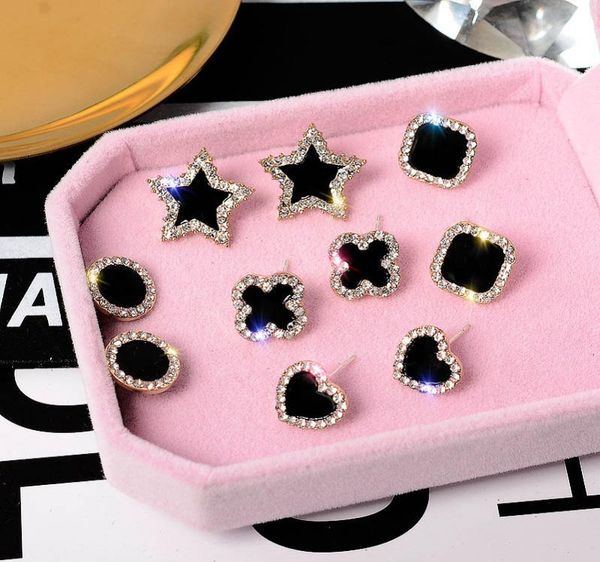 

korean 3a black cubic zirconia small stud earrings for women flower heart round star clover earrings fashion jewelry9663951, Golden;silver