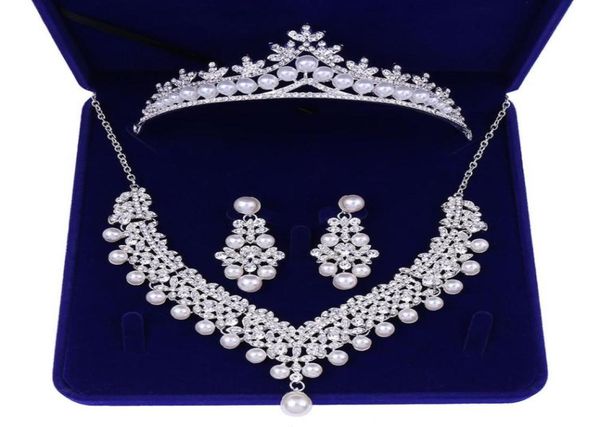 

crystal pearl bridal jewelry sets wedding crown necklace with earrings bride hair ornament choker for women accessories 2203305974801, Slivery;golden