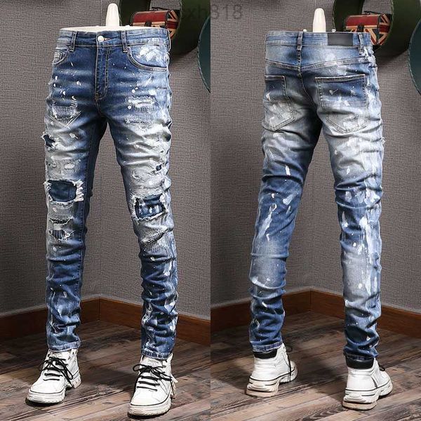 

painted stitch detail jeans mens distressed vintage slim fit leg denim trousers male, Blue