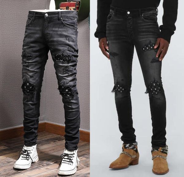 

man wornout patch black jeans damage stretch slim fit denim trousers6495607, Blue
