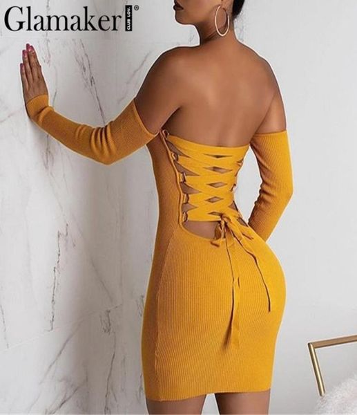 

glamake knitted off shoulder bodycon dress women backless lace up mini dress elegant female summer party club dress vestido y5194770, Black;pink