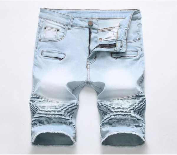 

unique mens ripped motocycle denim shorts jeans fashion designer scratched zipper pocket retro big size panelled short jeans trous9151930, Blue