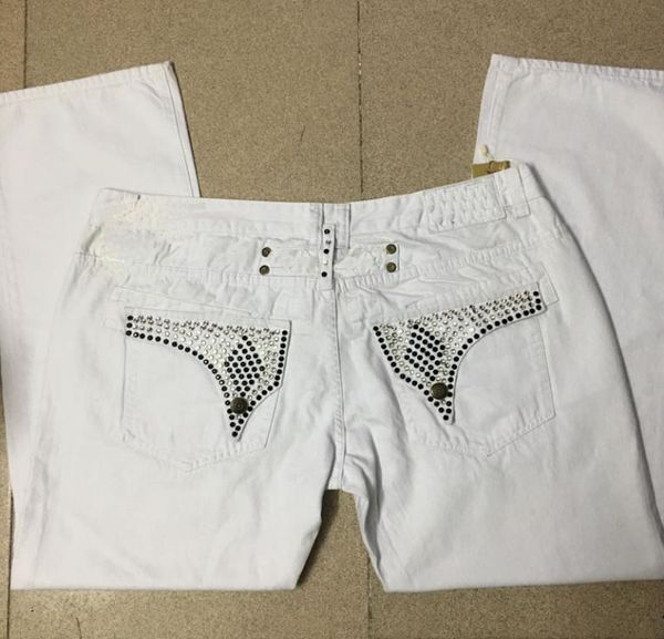 

mens white jeans with black silver crystals studs on pockets cover soft denim pants men straight jean trousers wings clips zipper 5597310, Blue