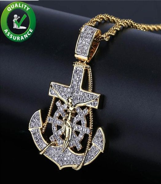 

iced out pendant hip hop bling chains jewelry men luxury designer necklace mens diamond chain pendants anchor rudder cross rapper 8398948, Silver
