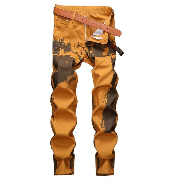 

men039s jeans painting printed fashion yellow painted slim straight stretch denim pants6209830, Blue
