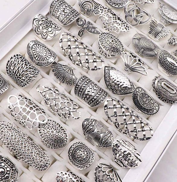 

women vintage carved flower silver plated jewelry rings for women gift party size 17mm to 20mm mix style3573057, Golden;silver