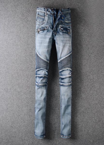 

mens fold skinny light blue jeans fashion designer pleated panelled zipper slim fit motorcycle biker hip hop denim pants 9571748185