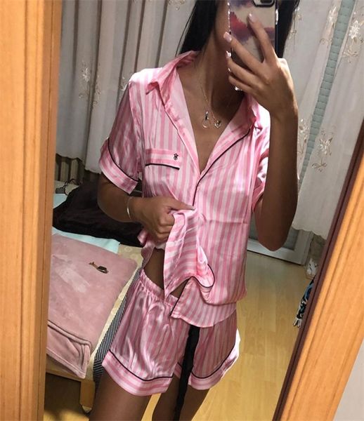 

two piece set ladies pajamas for women sleepwear pijamas striped satin silk loungewear summer short luxury pjamas home wear 2203215130306, Black;red