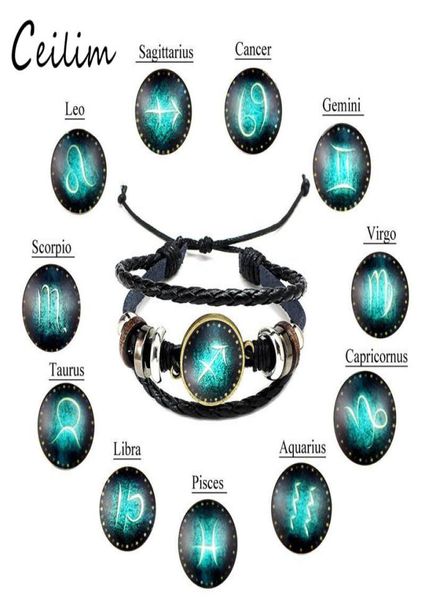 

new fashion jewelry design twelve constellations leather bracelets retro handwoven beads diy zodiac bracelet for women men gift2668285, Black