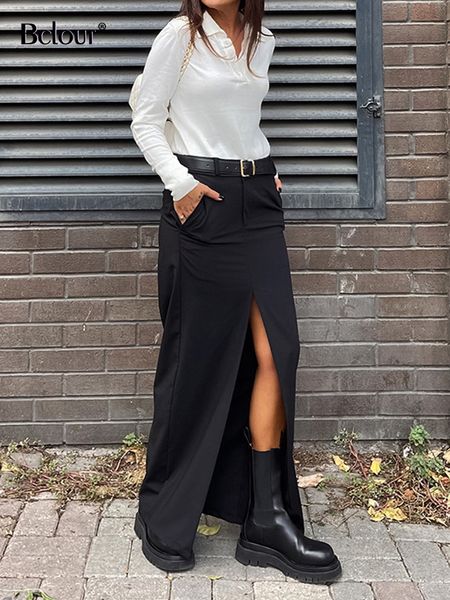 

skirts bclout elegant slit long skirt 2023 summer office lady solid straight fashion cotton party black 230711