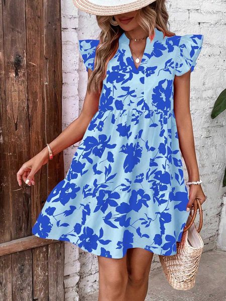 

women's floral ruffle trim smock dress, Black;gray