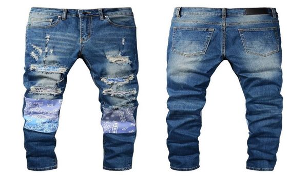 

man skinny fits designer jeans stretch for mens denim biker slim knee ripped trousers designer distressed patchwork motorcycle fit3646850, Blue