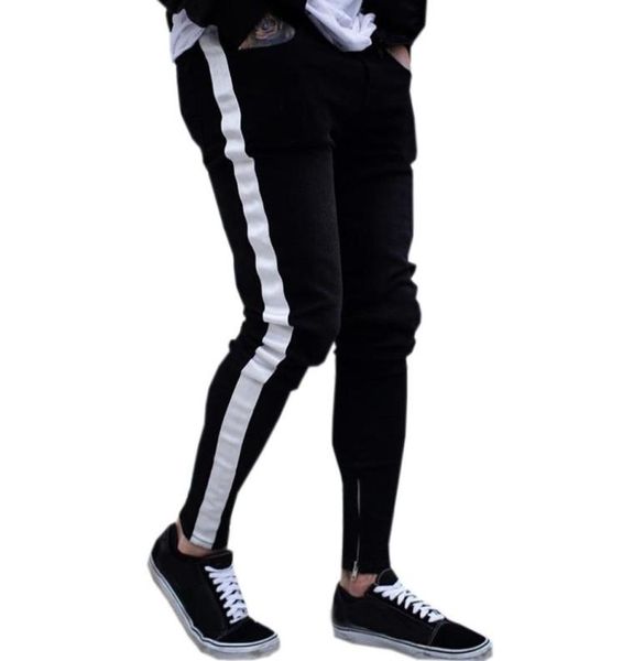 

black jeans men casual stripe trouser biker ripped skinny jeans frayed slim fit denim pants trousers clothes pencil pants9502934, Blue