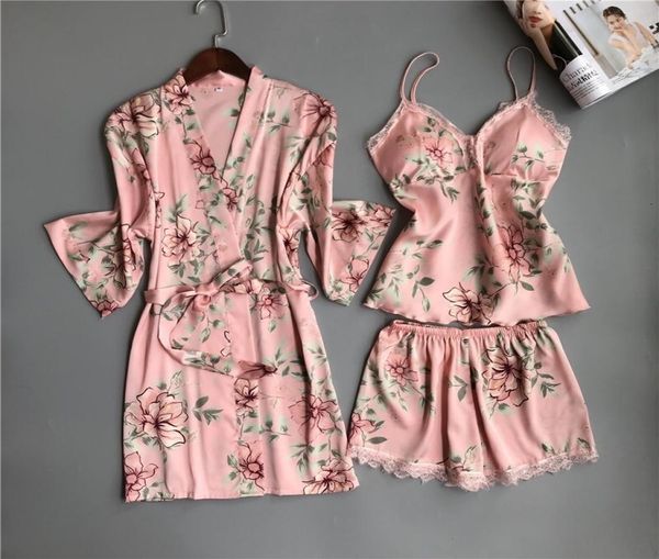

nighties women pajamas satin sleepwear pijama silk home wear lace home robe chest pads sleep lounge pyjama pink white 3 pieces v197572638, Red;black