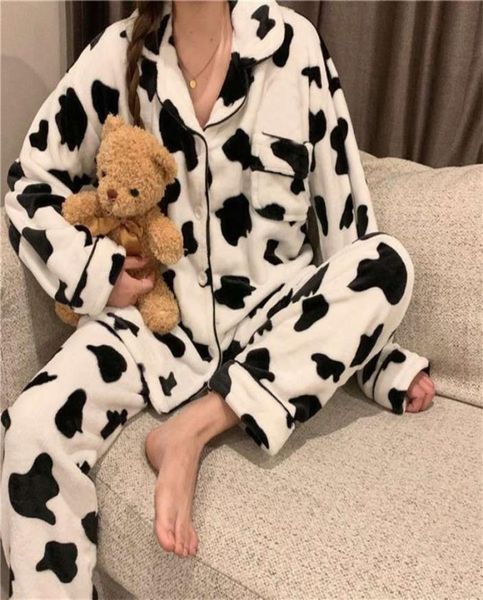 

qweek velvet cow print pajama woman winter warm two piece set sleepwear pyjama pour femme lounge wear trouser suits thicken 2109284328925, Black;red