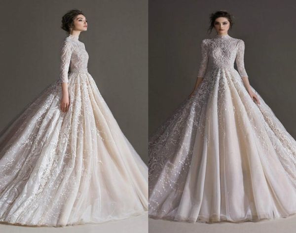 

elegant a line wedding dresses high collar lace appliques wedding dress long sleeve beach sweep train bridal gowns8127539, White