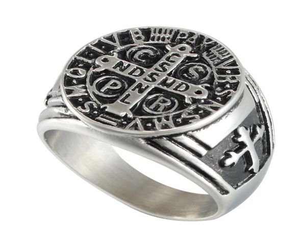 

stainless steel catholic st benedict exorcism signet religious ring demon protection ghost hunter cross band1992154, Golden;silver