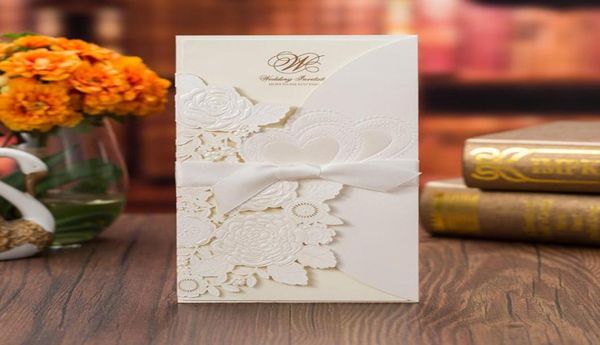 

2020 new luxury love heart wedding invitation cards personalized laser cut flower invites with bow knot ribbon9233927, Black