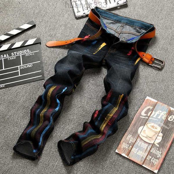

ripped jeansmen's jeans creative fashion brand personalized hand painted speckled paint colored jeans, Blue