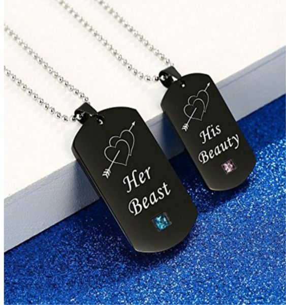

couple necklaces his beauty her beast black tag necklace with stone luxury jewelry double heart pendant necklace2236850, Silver