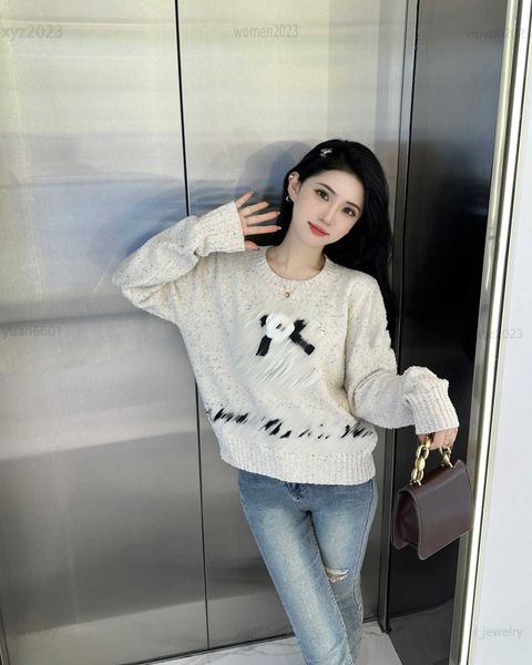 

designer clothes women fashion three-dimensional flower decoration knit sweater size s-l colored particles pullover july07, White