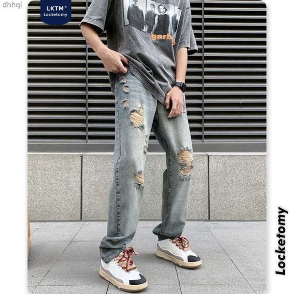 

designer jeans lktm men's #hipphop fried street pants men's high street trendy brand washed rough edge torn jeans, Blue