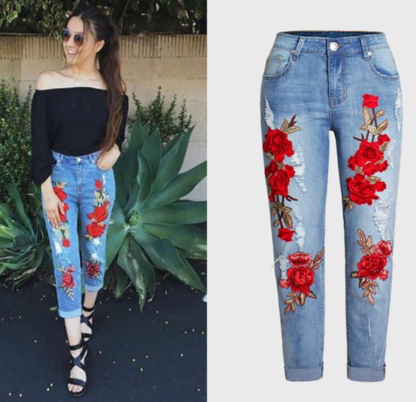 

fashion plus size stretchy ripped jeans with scuffs mid waist embroidery flowers vintage woman denim pants trousers for women jean3111421, Blue