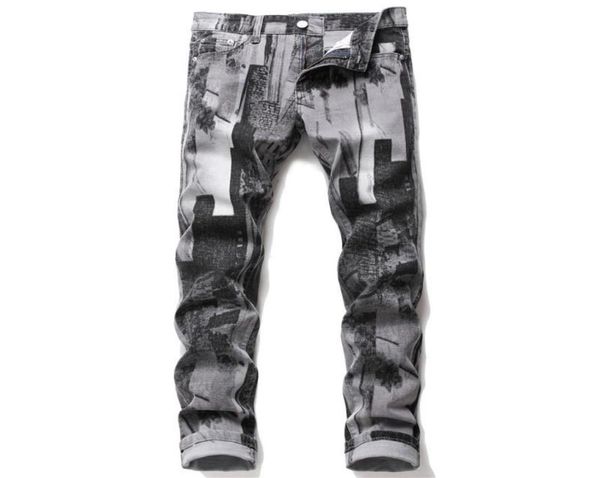 

mens fashion abstract art stretch slim straight jeans teenagers digital 3d printed gray black jeans denim pants5089298, Blue