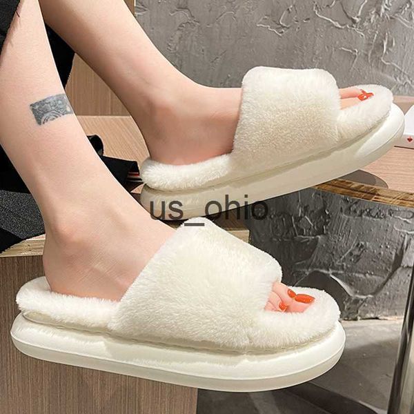 

slippers thick fluffy fur slippers 2022 new women winter house warm furry slippers women flip flops home slides flat indoor floor shoes j230, Black
