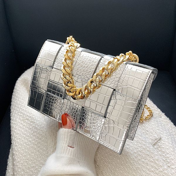 

evening bags multicolor design pattern pu leather messenger bag for women gold chain woven square flap party clutch 230711