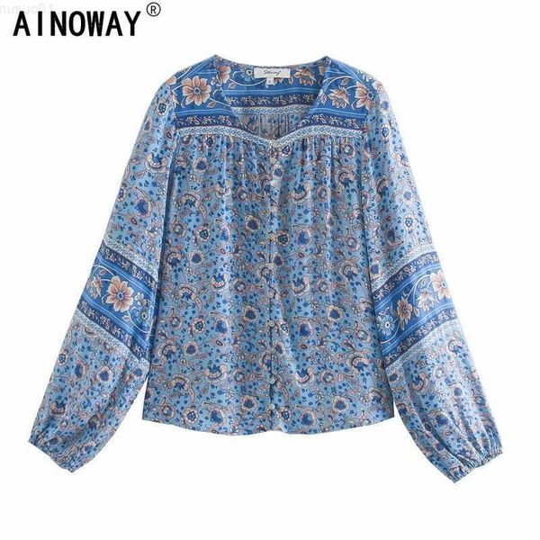 

women's blouses shirts vintage chic women green floral print bohemian rayon cotton blouse shirt ladies flare sleeve loose boho shirts l, White