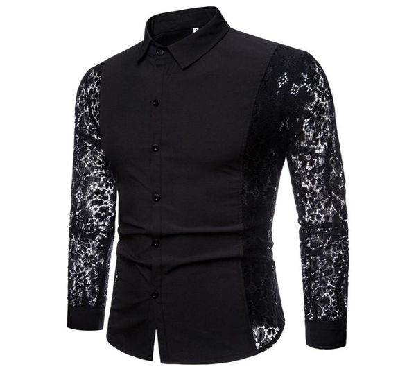 

fashion lace sleeve design men party shirt autumn new slim fit tuxedo shirts long sleeve dress shirt male blackwhite xxl3673967, White;black