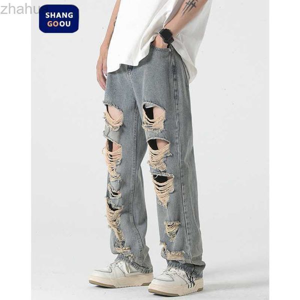 

casual jeans designer shanggu men's high street fashion brand big hole jeans men's loose straight tube casual floor dragging pants, Blue