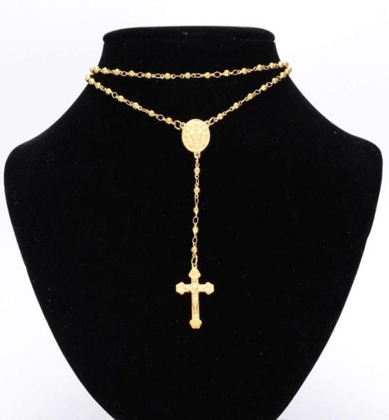 

chains granny chic 468mm mens womens chain gold stainless steel bead rosary jesus christ cross pendant long necklace6867166, Silver