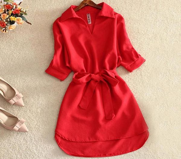 

shirts women 2020 summer casual dress fashion office lady solid red chiffon dresses for women sashes tunic ladies vestidos femme5627926, Black;gray