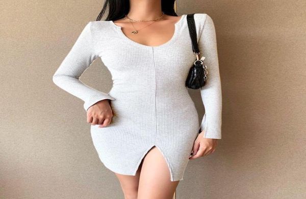 

women dress striped rib knit fit longuette split long sleeve crew neck for female black white4510053, Black;gray