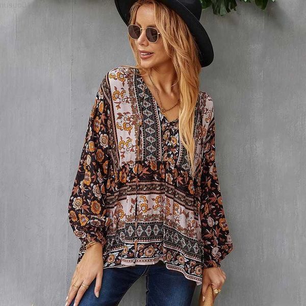

women's blouses shirts forerun vintage shirts women v-neck floral lantern long sleeve boho ruffle blouse autumn casual vacation femme b, White
