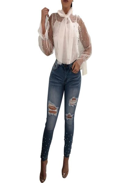 

adogirl 2020 new sheer mesh pearls women blouses lace up bow collar lantern long sleeve casual ladies shirt clubwear blusas8001185, White