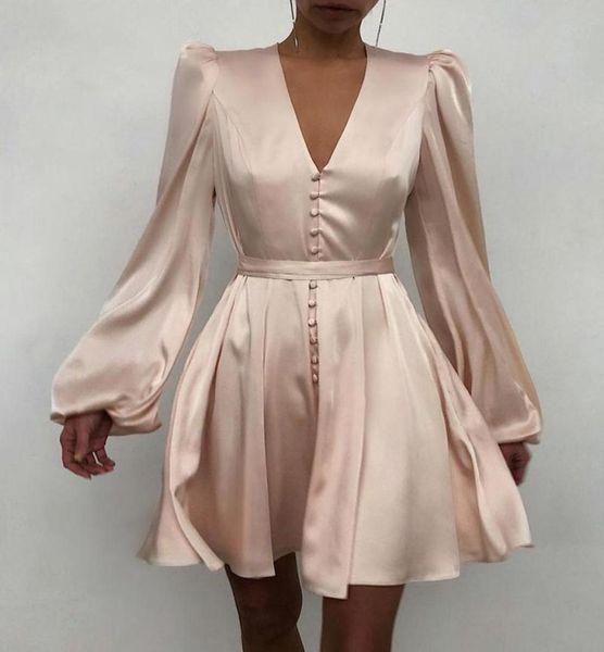 

casual dresses 2022 women fashion elegant spring autumn solid plain puff sleeve ruched button front shirt dress v neck long3982286, Black;gray