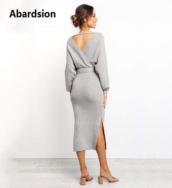 

wholeabardsion women knitted sweater dress wrap belted tunic midi vestidos long sleeve double v neck split casual autumn dres3831139, Black;gray