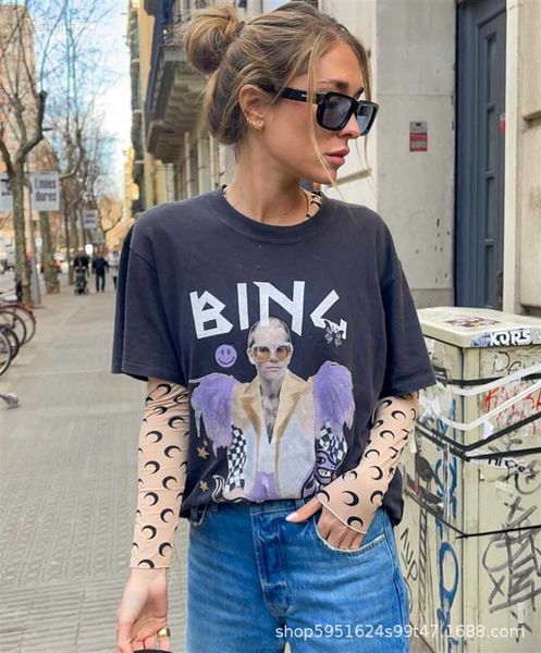 

anine2023 spring/summer new personalized illustration print pullover round neck loose casual t-shirt for women, White;black