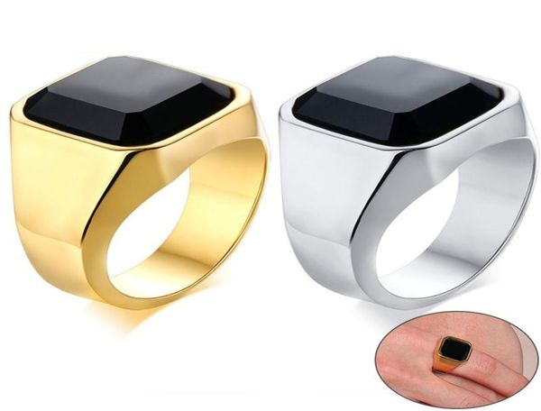 

stylish mens signet pinky ring gold and silver tones stainless steel black stone anel masculino male accessory6976459