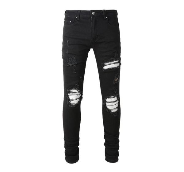 

men039s jeans high street ripped patch stretch slim black jeans6353020, Blue