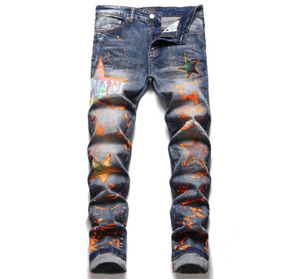 

men039s paint graffiti jeans european american new fivepointed embroidery stretch slim trousers midwaist autumn blue casual pa7520474