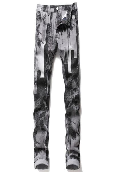 

mens fashion abstract art stretch slim straight jeans teenagers digital 3d printed gray black jeans denim pants6285377, Blue