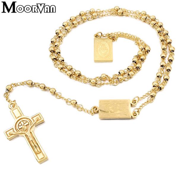 

moorvan 4mm 66cm long gold color men rosary bead necklace stainless steel religion of jesus women cross jewelry 2 colors 2012115028526, Silver