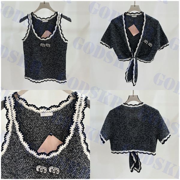 

womens knitted tanks designer short jacket letter rhinestone cardigan gray sweater t shirt clothing, Black;white