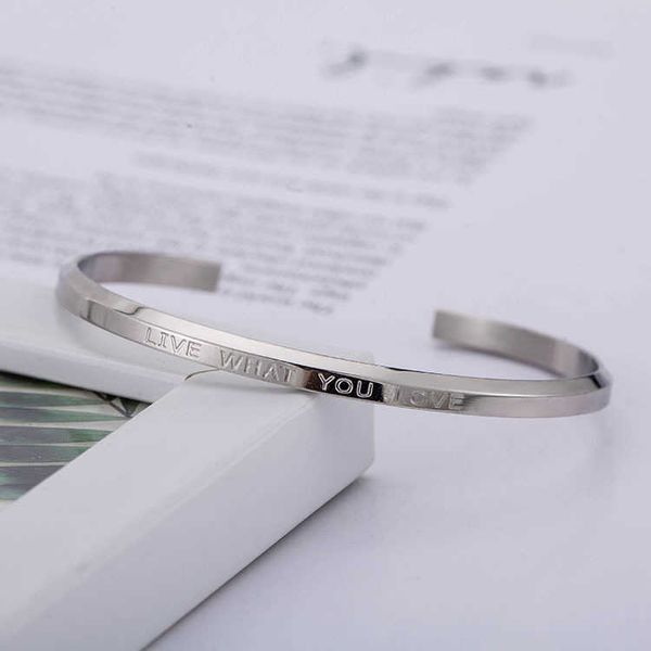 

simplified engraving english versatile titanium steel fine geometry c-shaped open bracelet for men and women, Golden;silver