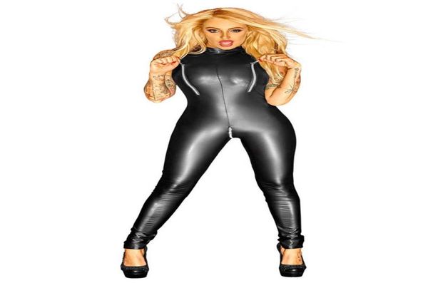 

catwomen faux leather catsuit wetlook jumpsuit women zipper up open crotch bodysuit sleeveless nightclub playsuit7086384, Black
