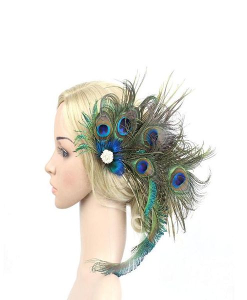 

women peacock feather fascinator clip ladies day races wedding party bridal tiara hairpin hair accessories bride headpiece 2207197071370, Slivery;golden